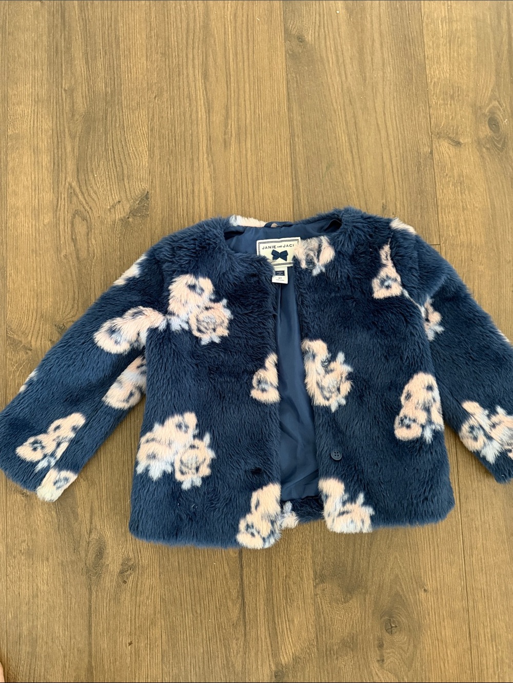 Janie and Jack Navy Faux Fur Coat with Pale Pink Floral Pattern